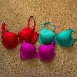 Victoria’s Secret Lined Demi Red, Pink, and Blue Bra Bundle Size 34 D